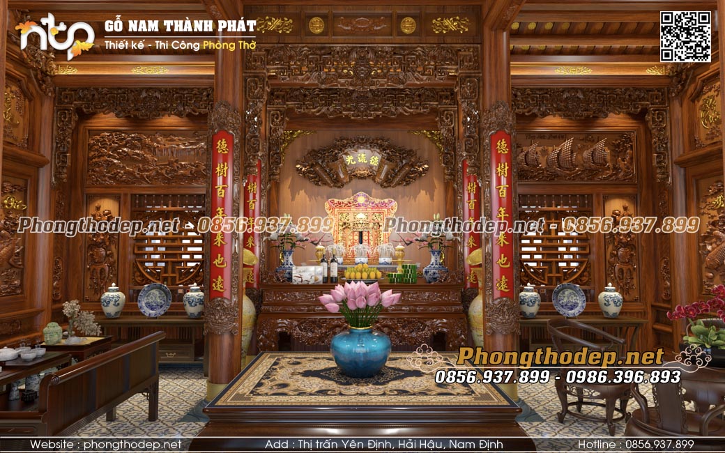 Nội thất nhà thờ họ 3 gian gỗ lim đẹp